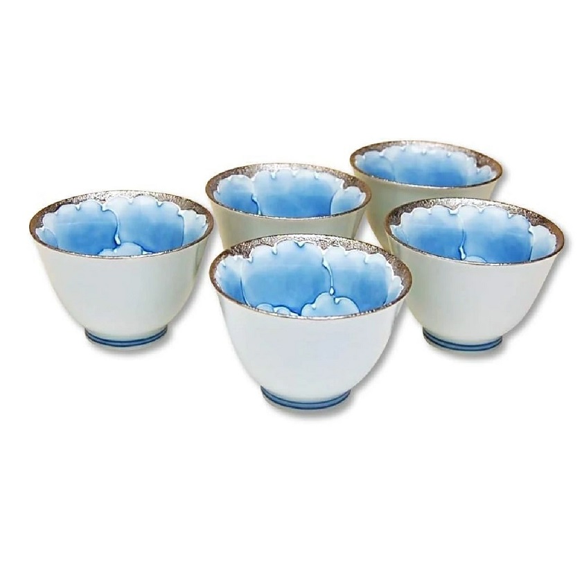 有田焼 プラチナ牡丹 反煎茶（5客組）