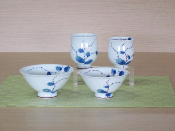 長崎県波佐見焼　水引草・ご飯茶わん&ゆのみセット　睦揃＜電子レンジ　食器洗浄機　ＯＫ＞