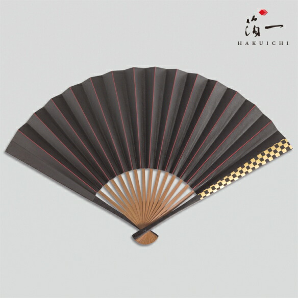 日本製柿渋脇漆扇子市松(黒赤)素材真竹、柿渋和紙、本漆260×17mm