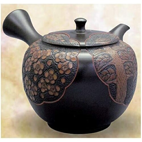 常滑焼 急須 舜園作「黒窯変四角 松竹梅彫」250ml (瀬戸もの製茶こし)