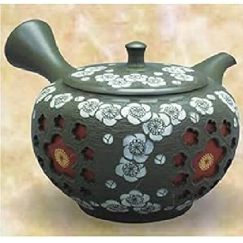 常滑焼 急須 舜園作「緑泥四角 白梅透かし」230ml (瀬戸もの製茶こし)