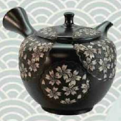 常滑焼 急須 舜園作「黒窯変 丸六桜彫」250ml (瀬戸もの製茶こし)