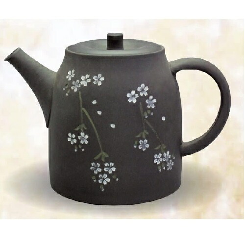 常滑焼 急須 青峰作「黒窯変 桜印花彫」140ml (ささめ茶こし)