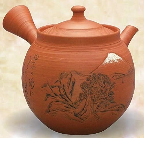 常滑焼 急須 風月作「朱 富士に和歌彫」250ml (陶茶こし)