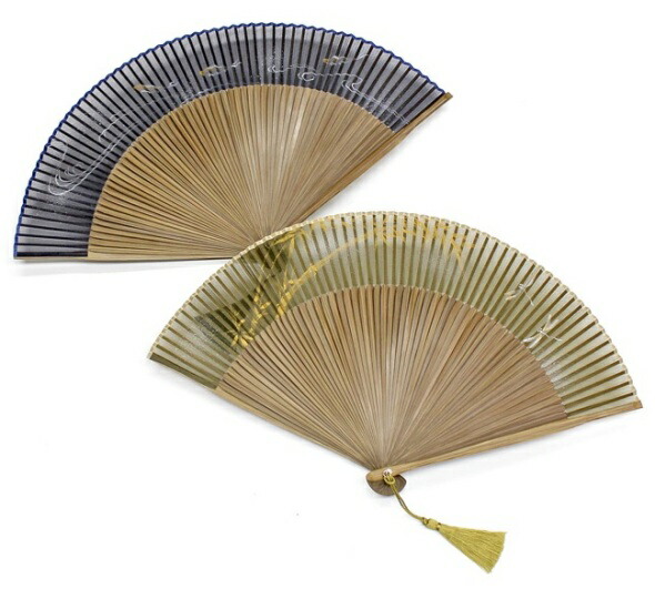 日本製　男性用扇子 六十間・調(緑/紺）メンズ/紳士（扇子袋付き・桐箱入り）扇子(手描きの繊細な筆さばき・・）