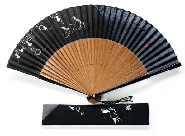 紳士用扇子　新喜多野 扇子袋セット 瓢箪から駒 黒 　桐箱入り｜七to八-Seven to eight-