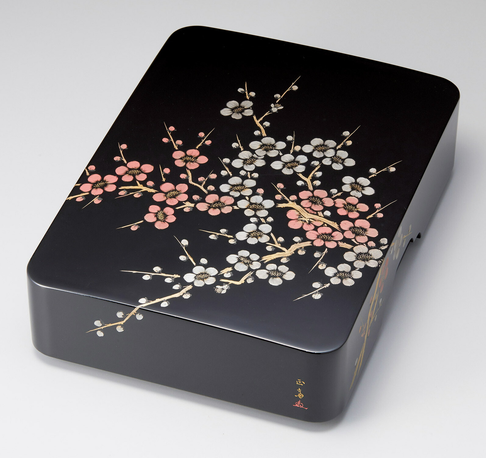 木製越前ペンキ塗り 沈金紅白梅 寄託図書館 黒