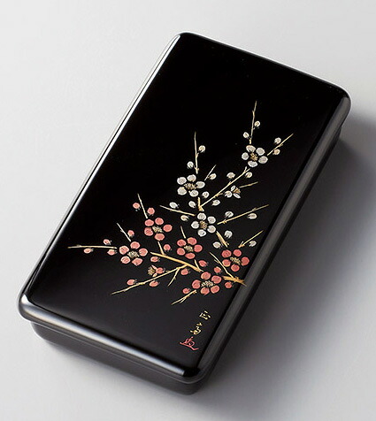 木製越前ペンキ塗り 沈金紅白梅 硯箱 黒