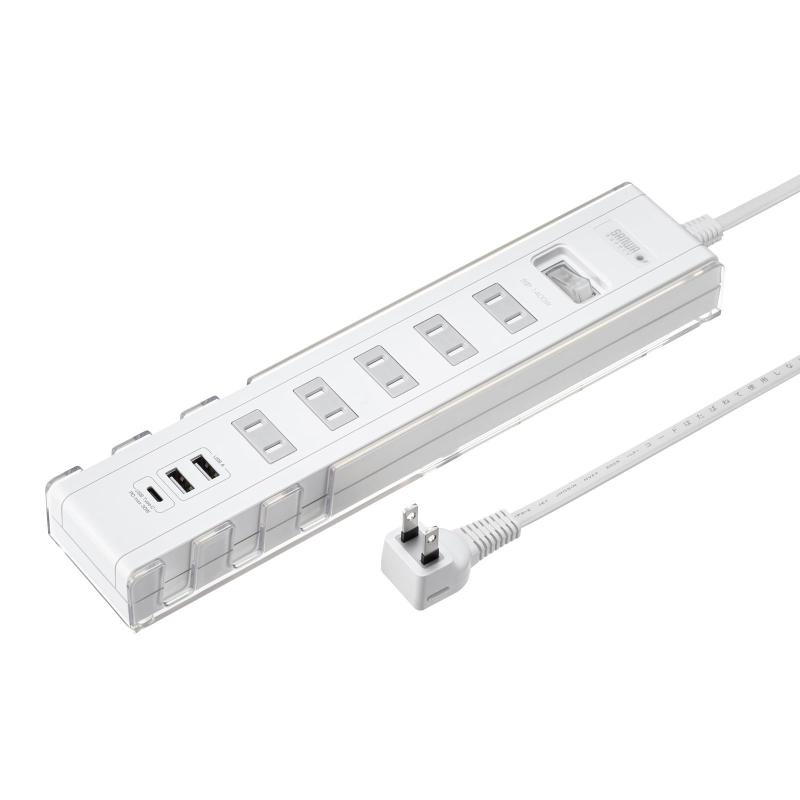 サプライ USB充電機能付きタップ スタンド付き（2P・5個口・3m・ホワイト） T-B47UC-3W