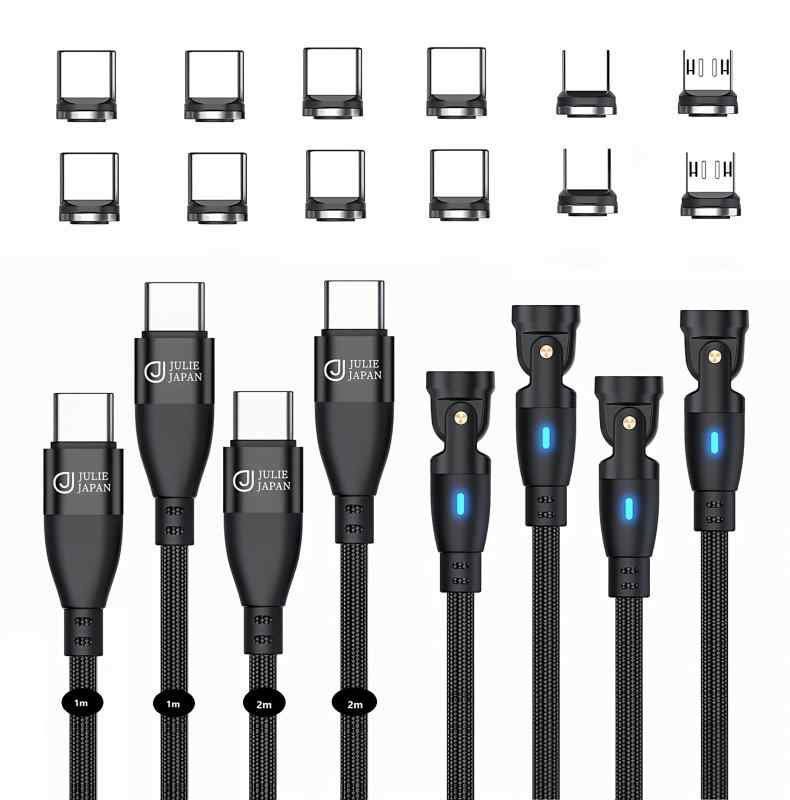 JJ JIE JAN マグネット充電ケーブル PD対応 9PIN 100W マグネット端子3種類セット(USB-C、Micro-USB、アイプロダクト) 急速充電 データ通信対応 2本セット