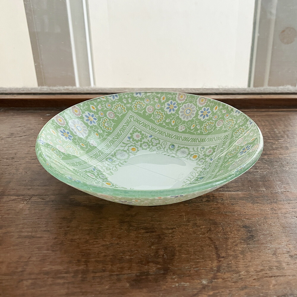 ガラス製ボウル 緑の縁 黒い装飾付き サラダボウル そうめん鉢 ガラス おしゃれ ドリス ボウル 25.5cm