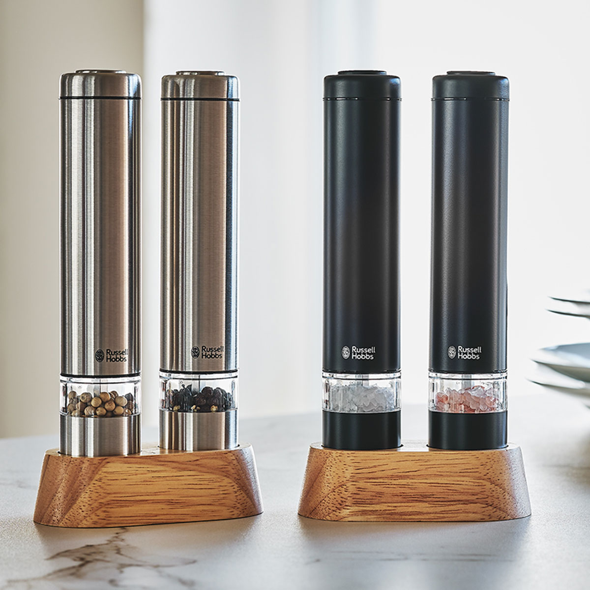 Russell Hobbs 電動ミル ソルト＆ペッパー・ミニ　2色【ラッセルホブズ 塩こしょう ソルト ペッパー スパイス 電池 自動 シルバー ブラック 黒 小さいサイズ】画像