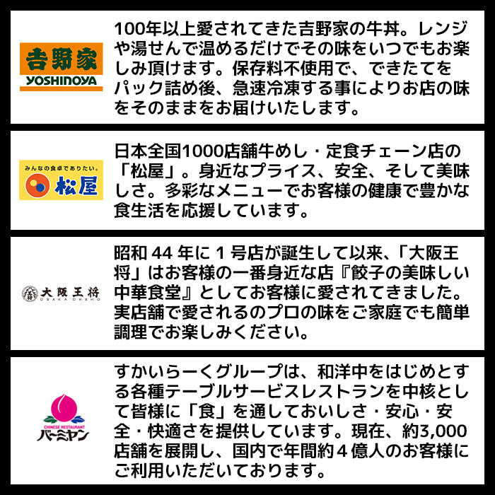 楽天市場 人気外食店詰め合わせ福袋 4種人前 総重量3kg超 吉野家 冷凍牛丼の具 松屋 大阪王将 炒めチャーハン バーミヤン 冷凍ぎょうざ 外食応援 福袋 食品 フードロス 食品ロス グルメ福袋 復興福袋 お取り寄せグルメ おまけ Premium Food Select