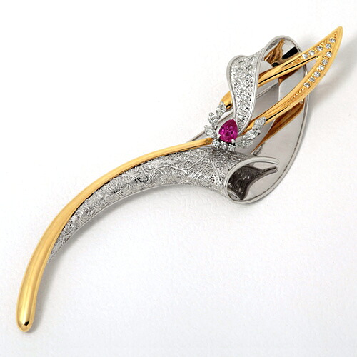 Pt900/K18 ダイヤモンド入りブローチ ダイヤモンド 0.79ct ルビー 0.71ct