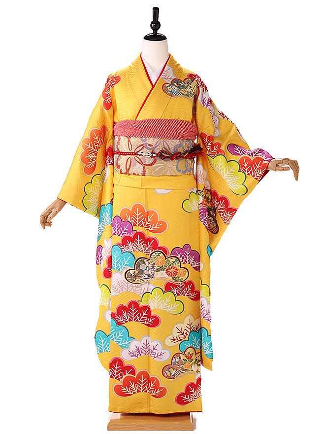 【成人式】振袖レンタル 振袖 ふりそで furisode 二十歳のお祝い せいじんしき ２０歳 女性 着物 結納 結婚式 正絹 綸子 松 黄色 155cm 160cm 165cm FA0556
