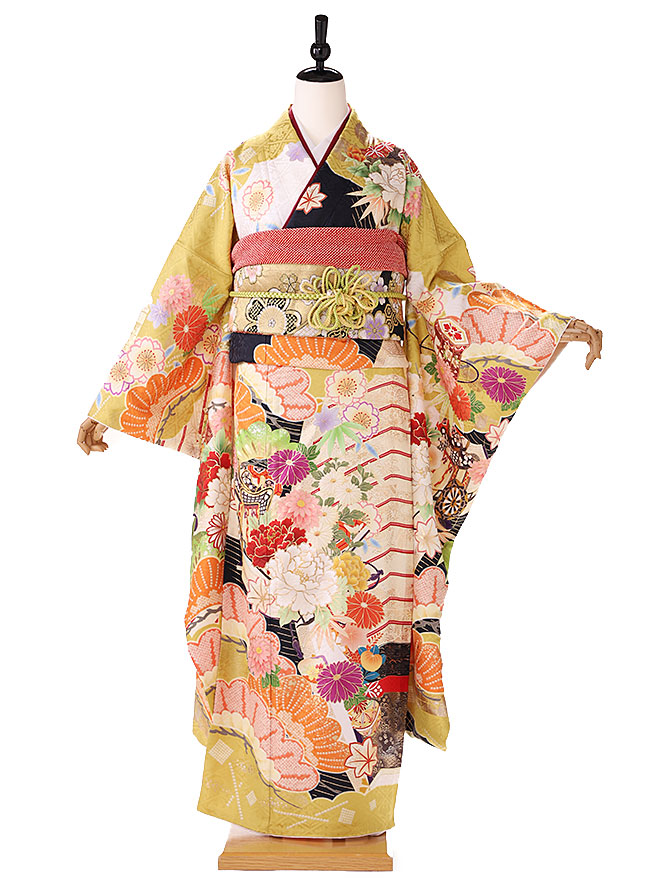 【九重】【幅広】振袖レンタル 振袖 ふりそで furisode 二十歳のお祝い せいじんしき ２０歳 女性 着物 結納 結婚式 黄色 155cm 160cm 165cm 17号-23号 FA0569【レンタル】