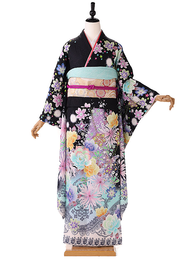 【成人式】振袖レンタル 振袖 ふりそで furisode 二十歳のお祝い せいじんしき ２０歳 女性 着物 結納 結婚式 サクリナ 黒 155cm 160cm 165cm FA0559