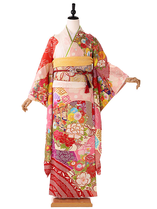 【成人式】振袖レンタル 振袖 ふりそで furisode 二十歳のお祝い せいじんしき ２０歳 女性 着物 結納 結婚式 白&times;ピンク 綸子 155cm 160cm 165cm FA0560【レンタル】｜着物ネットレンタルkimonoshop
