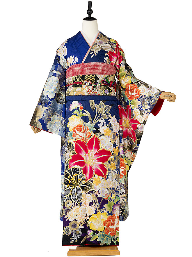 【成人式】振袖レンタル 【假屋崎省吾】正絹 トールサイズ 振袖 ふりそで furisode 二十歳のお祝い せいじんしき ２０歳 女性 着物 結納 結婚式 青 百合 165cm 170cm 175cm FA0622【レンタル】