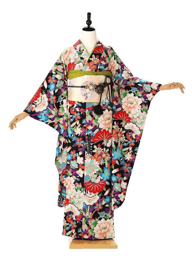 振袖 レンタル 成人式 ふりそで furisode　二十歳のお祝い せいじんしき ２０歳 女性 着物 正絹 黒 155cm 160cm 165cm　444【レンタル】 8,804円