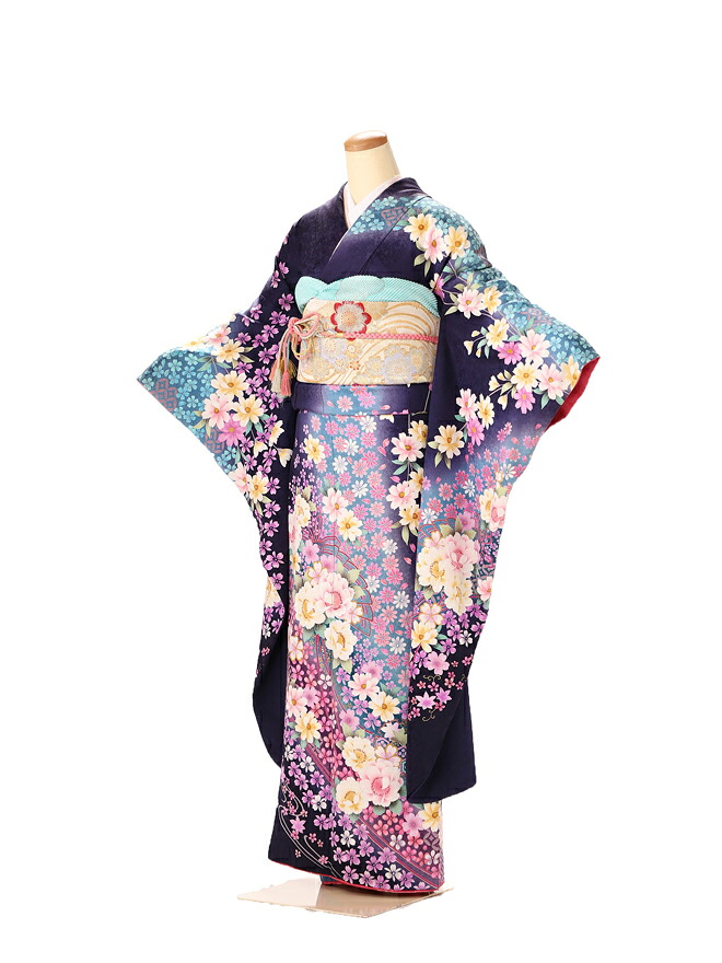 振袖 レンタル 成人式 ふりそで furisode　二十歳のお祝い せいじんしき ２０歳 女性 着物 正絹 紺　246 155cm 160cm 165cm 【レンタル】