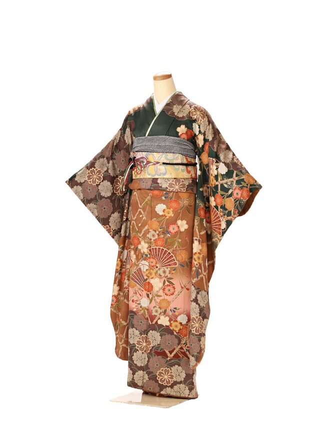 振袖 レンタル 成人式 ふりそで furisode　二十歳のお祝い せいじんしき ２０歳 女性 着物 正絹 　深緑　37 【レンタル】