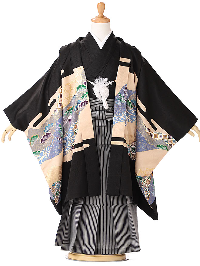 正絹☆黒に鷹の着物と縞袴のセット 正絹☆黒に鷹の着物と縞袴のセット 正絹☆黒に
