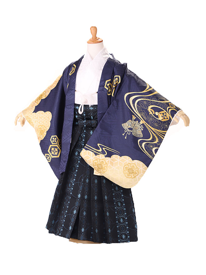 七五三 レンタル 5歳 男の子 かんたん 簡単着付 フルセット 105cm 110cm 115cm 送料無料 黄金流水に鷹 ネイビー×ゴールド 5696【レンタル】