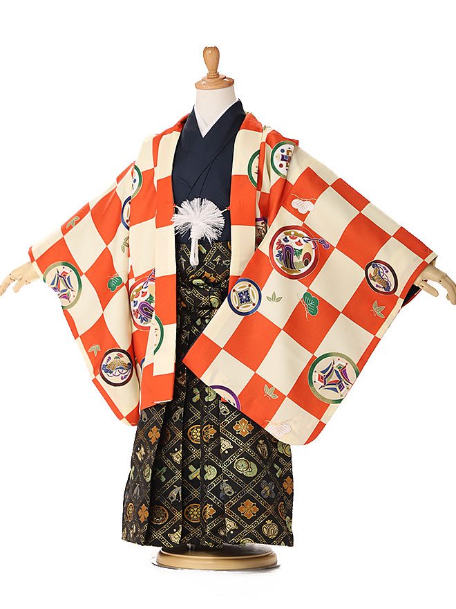 簡単着付け 七五三 着物 ３歳 4歳男の子 羽織袴 3点セット 男の子 レンタル オレンジ 身長 95cm 100cm 105cm 往復送料無料 3145 22新発