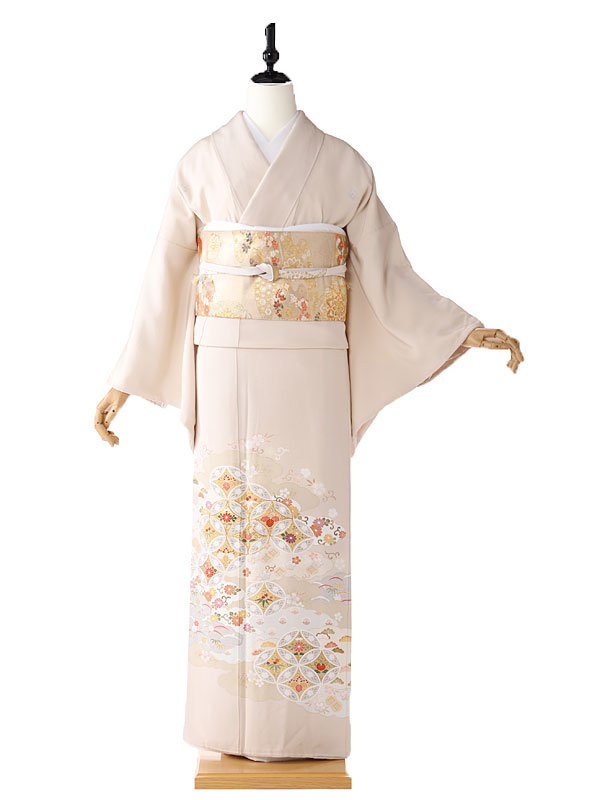 【色留袖 レンタル】結婚式 叙勲 親族 既婚女性礼装 友禅 五つ紋 ﾍﾞｰｼﾞｭ 七宝 155cm 160cm 165cm tc5139【レンタル】