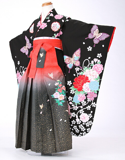 卒園式 衣装 着物レンタル 園児 ジャパンスタイル 振袖 袴 結婚式 黒 はかま 蝶 華やか 女の子卒業袴 身長約115cm 125cm ５歳 ６歳 ７歳 女の子袴 かわいい レンタル袴 着物レンタル 幼稚園 卒園式 園児 袴 衣装 はかま 往復送料無料 Hk71