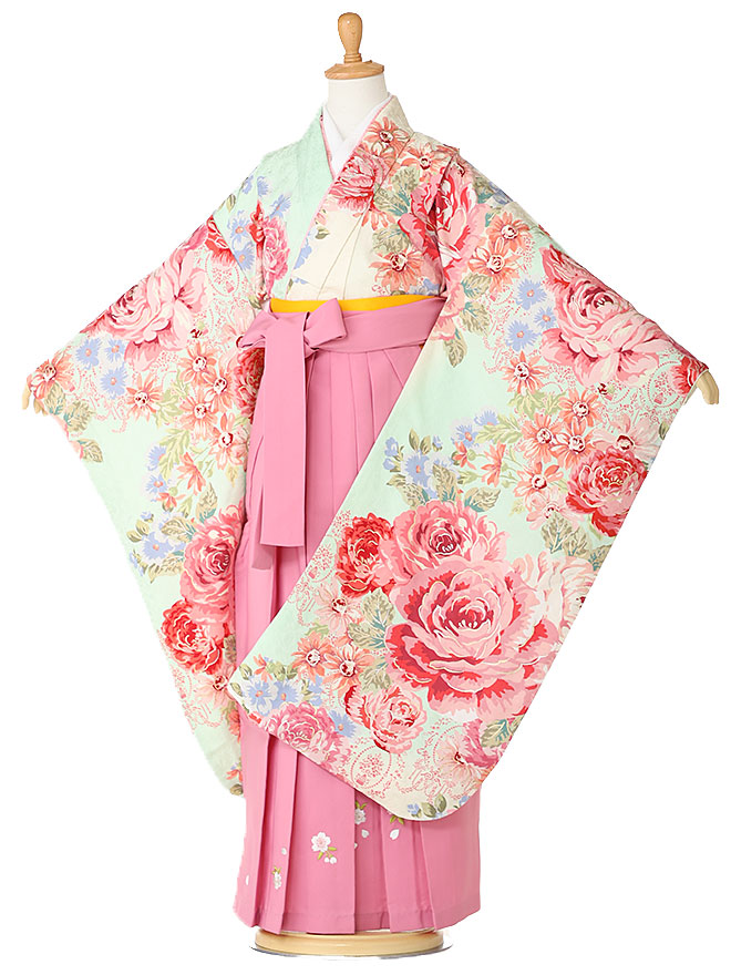 【卒園式 女の子 袴】絹きもの 正絹 着物レンタル 身長120cm 125cm 130cm 7歳 幼稚園 園児 往復送料無料 ローズ 黄緑 hK7440【レンタル】