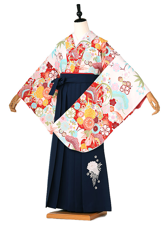 卒業式 簡単 着付け 袴セット 女の子 簡易袴 かんたん袴 簡単袴セット フルセット 着付け 不要 袴 小学生【148cm-153cm】 白古典華絢爛 ネイビー牡丹 navy 往復送料無料 0007 【レンタル】|着物ネットレンタルkimonoshop