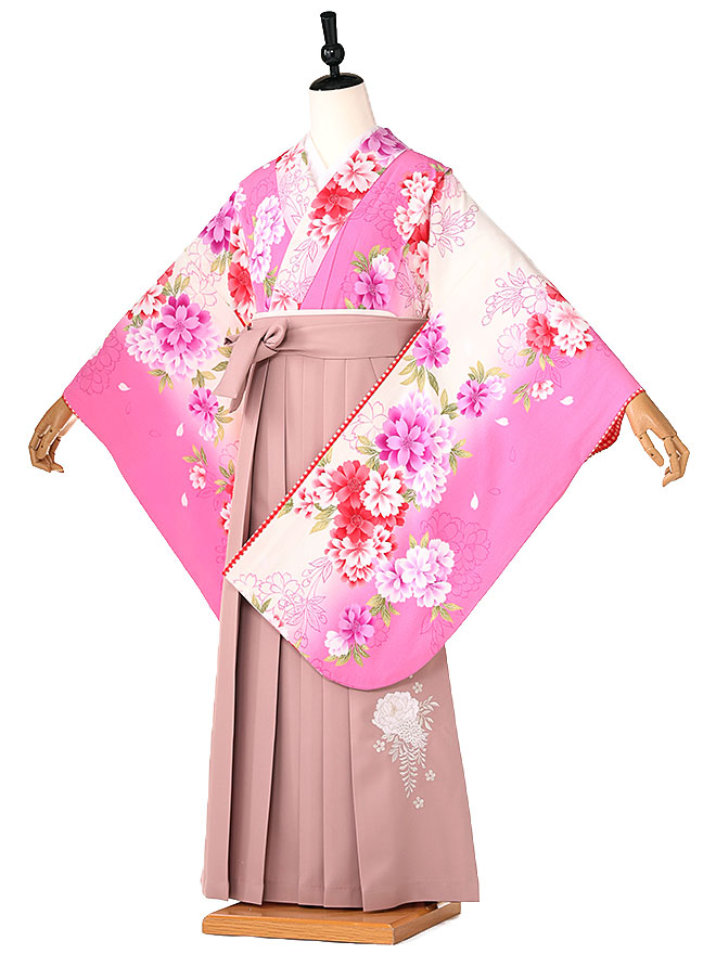 卒業式 簡単 着付け 袴セット 女の子 簡易袴 かんたん袴 簡単袴セット フルセット 着付け 不要 袴 小学生【148cm-153cm】 ピンク花柄 ピンク牡丹 pink 往復送料無料 0028【レンタル】|着物ネットレンタルkimonoshop