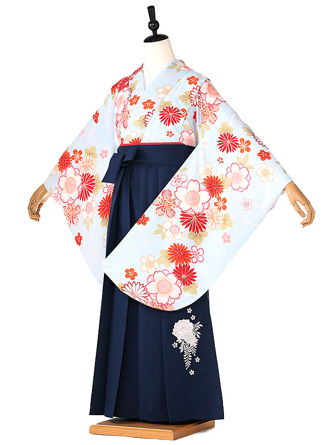 卒業式 簡単 着付け 袴セット 女の子 簡易袴 かんたん袴 簡単袴セット フルセット 着付け 不要 袴 小学生【148cm-153cm】 水色 桜菊 ネイビー牡丹 navy 往復送料無料 0039【レンタル】|着物ネットレンタルkimonoshop