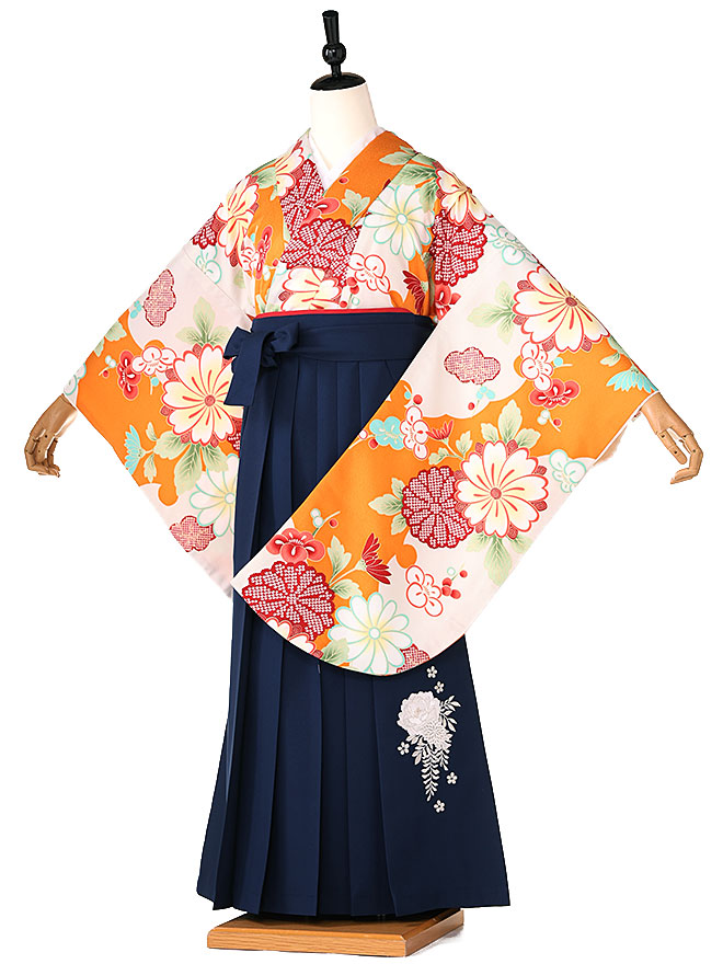 卒業式 簡単 着付け 袴セット 女の子 簡易袴 かんたん袴 簡単袴セット フルセット 着付け　不要　袴　小学生【148cm-153cm】 hiromichi nakano オレンジ菊 ネイビー牡丹 navy 往復送料無料 0040【レンタル】