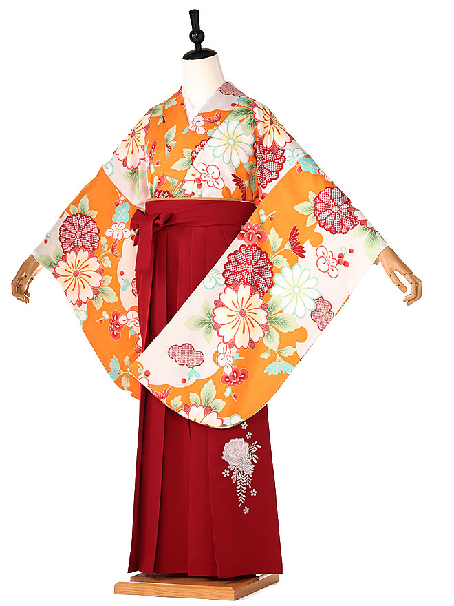 卒業式 簡単 着付け 袴セット 女の子 簡易袴 かんたん袴 簡単袴セット フルセット 着付け　不要　袴　小学生【148cm-153cm】 hiromichi nakano オレンジ菊 エンジ牡丹 red 往復送料無料 0041【レンタル】