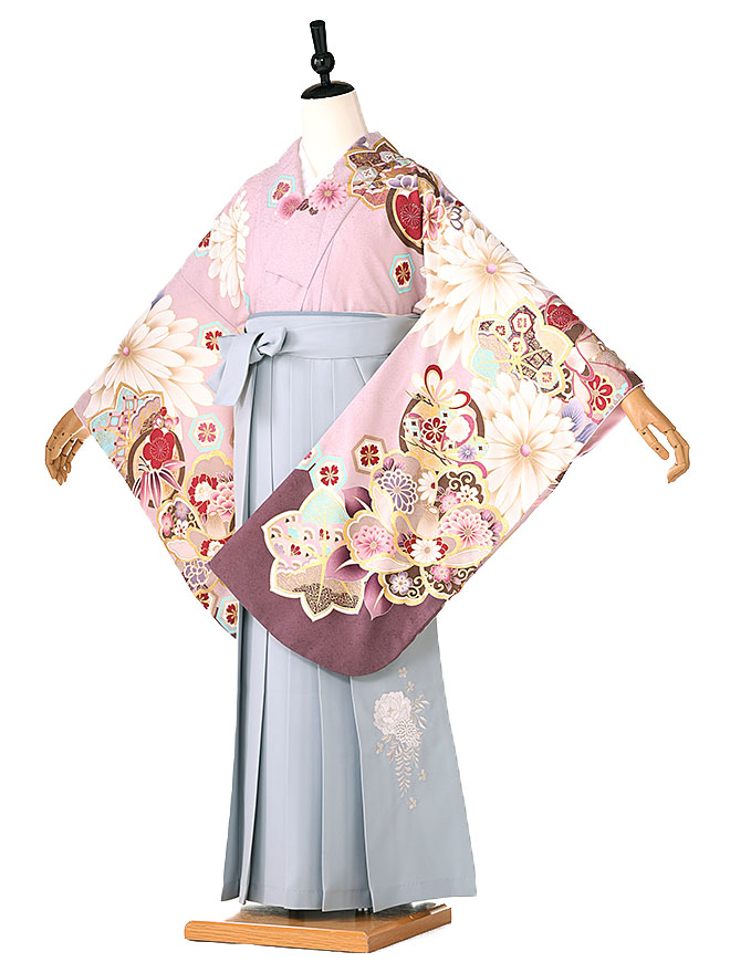 卒業式 簡単 着付け 袴セット 女の子 簡易袴 かんたん袴 簡単袴セット フルセット 着付け　不要　袴　小学生【148cm-153cm】薄紫地 菊桜 グレー牡丹 gray 往復送料無料 0050【レンタル】｜着物ネットレンタルkimonoshop