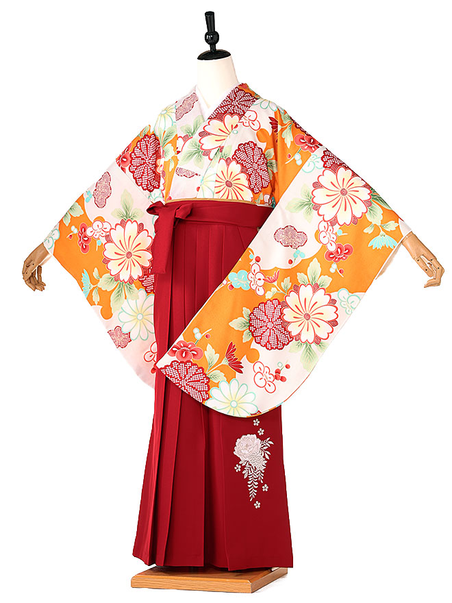 卒業式 簡単 着付け 袴セット 女の子 簡易袴 かんたん袴 簡単袴セット フルセット 着付け　不要　袴　小学生【148cm-153cm】hiromichi nakano ｵﾚﾝｼﾞ エンジ牡丹 red 往復送料無料 0066【レンタル】