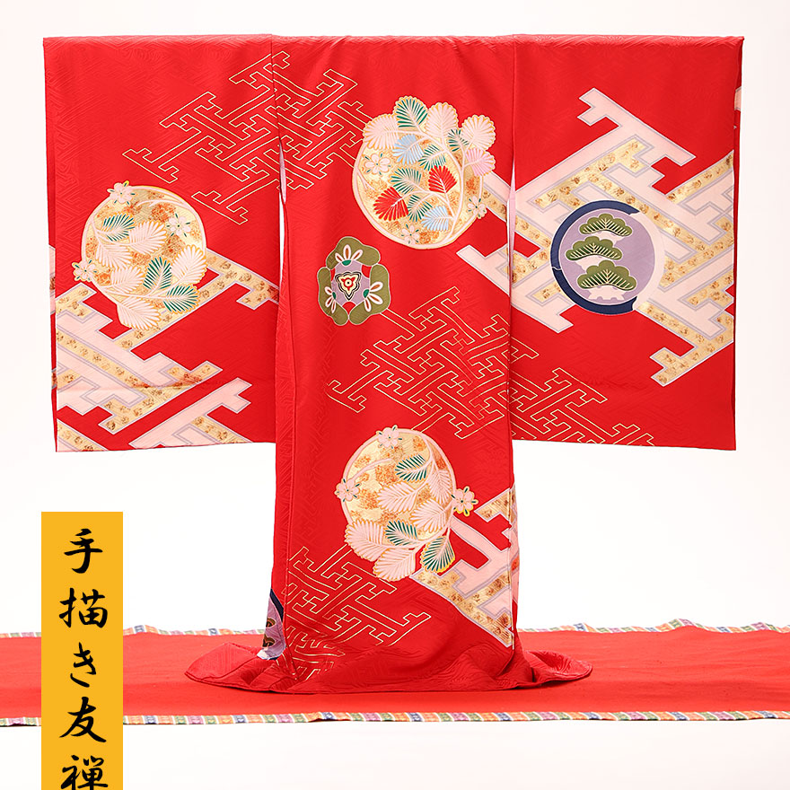 レンタル 女の子 和服 絹のきもの お宮参り 女の子 女の子 ベビーファッション 産着レンタル 初着 女の子 金に紗綾型 レンタル フルセット 絹のきもの お宮参り 着物 帽子 よだれかけ お守り 3泊4日 往復送料無料 赤 Bg0050 レンタル 着物