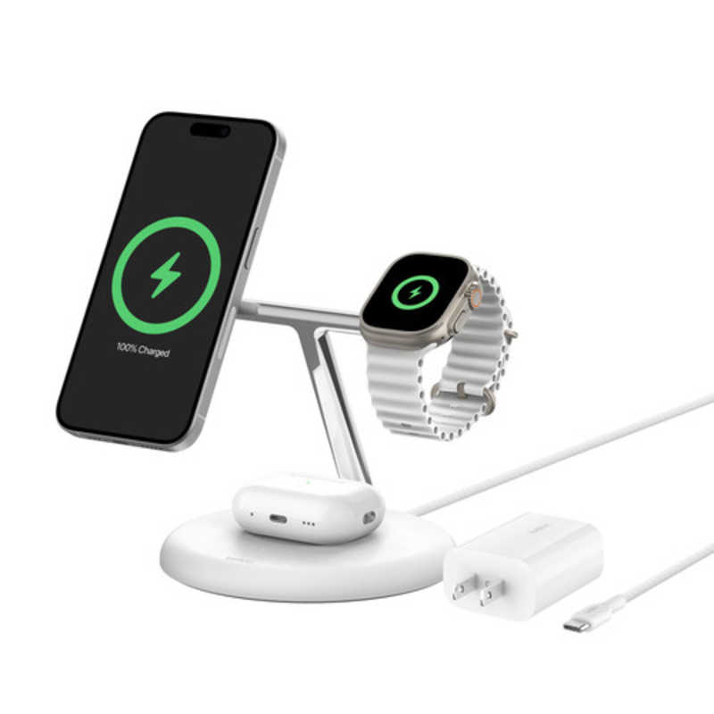 BELKIN　BoostCharge Pro Qi2 3-in-1 ワイヤレス充電スタンド ホワイト ［USB Power Delivery対応 /3ポート］　WIZ023dqWH