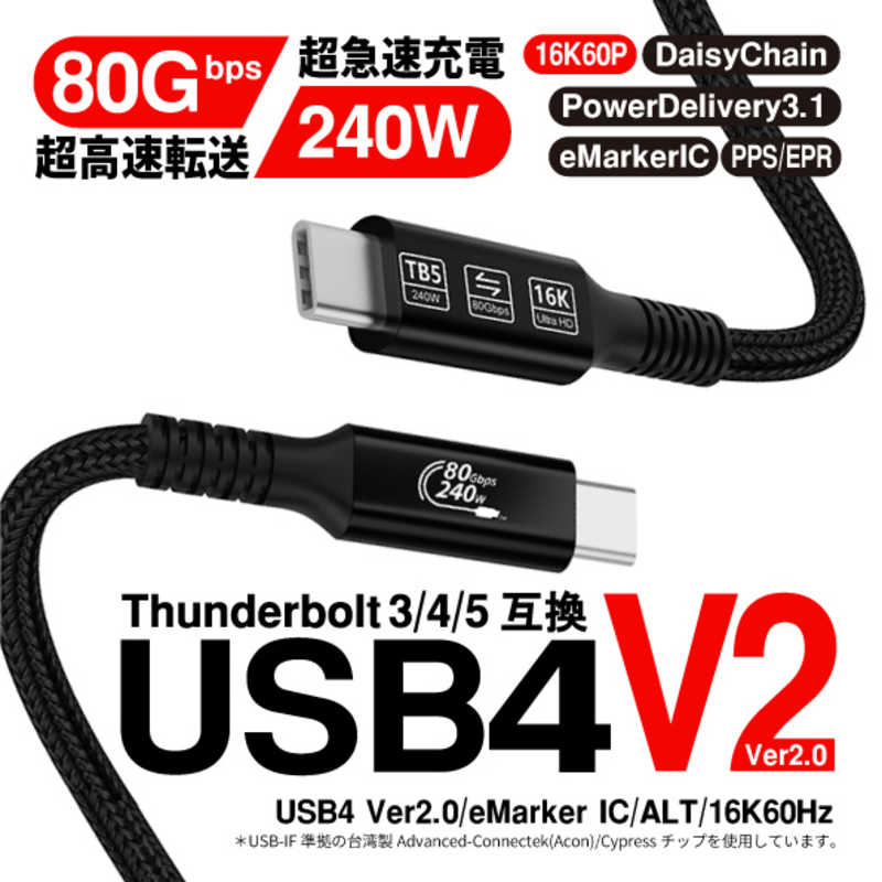 YOUZIPPER　USB4 Ver2.0 Type-C ケーブル ［Type-Cオス・オス /USB Power Delivery対応］ ブラック　USB4V210