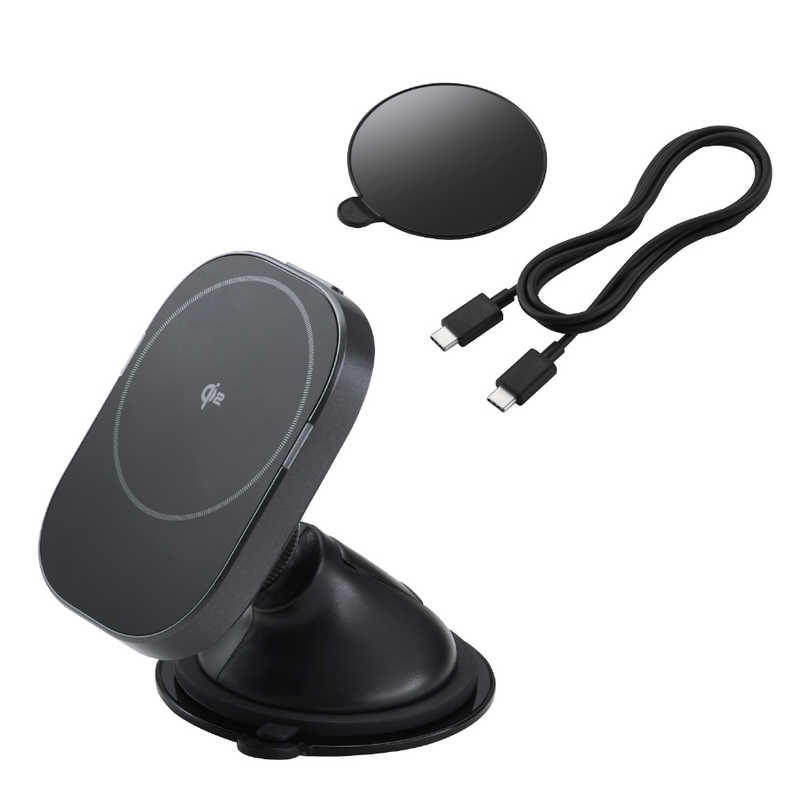 エレコム　ELECOM　ワイヤレス充電器 Qi2マグネット スマホホルダー 15W 高速充電 ダッシュボード対応 強力ゲル吸盤 片手操作 (MagSafe 対応 iPhone)　W-QC12BK