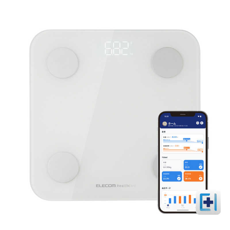 エレコム　ELECOM　体重計 体組成計 Bluetooth/Wi-Fi対応 スマホ連動 13項目測定 体脂肪率 / BMIなど ヘルスメーター ELECOM Healthcareアプリ連携 筑波大学共同開発 ホワイト　CAFSBTW01WH
