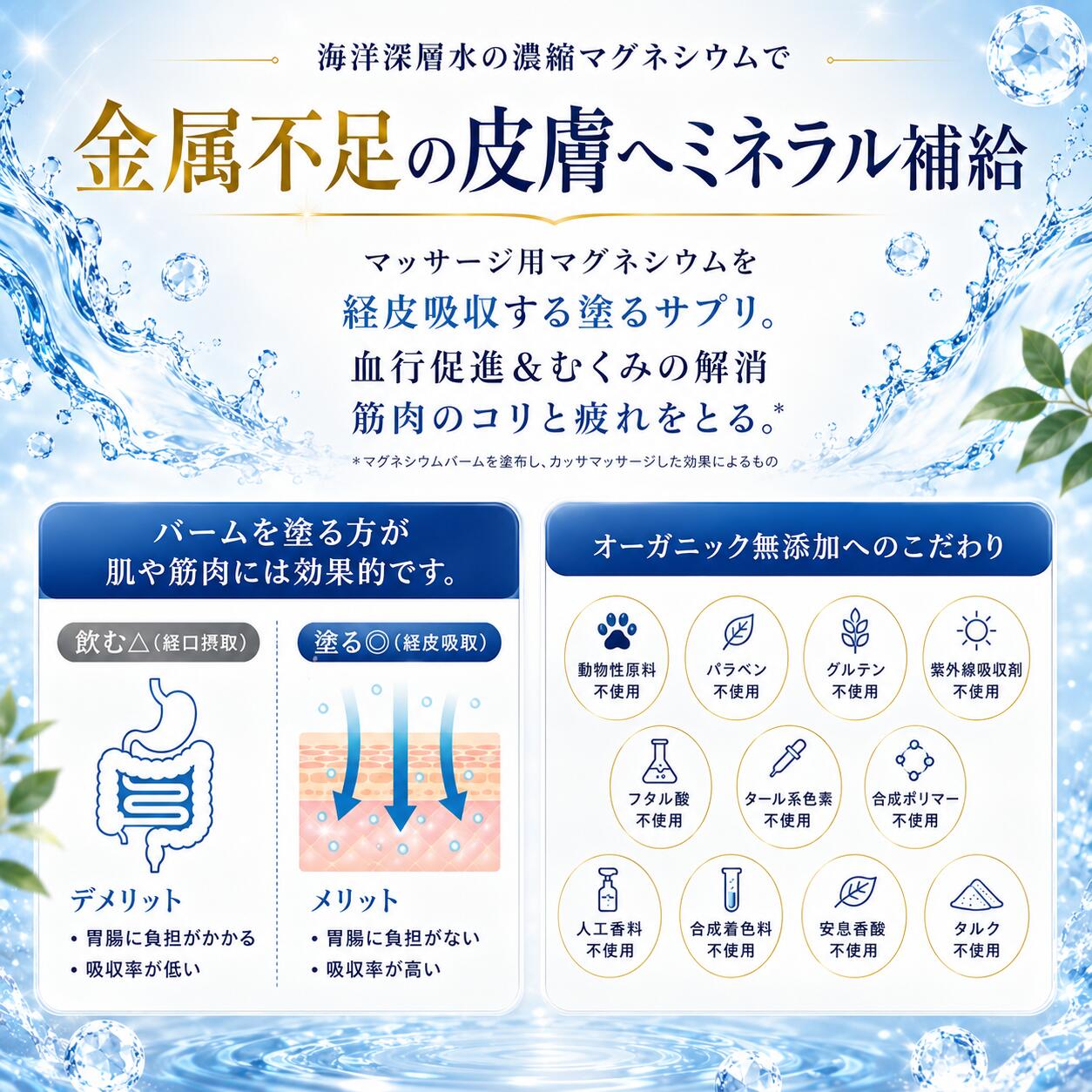 楽天1位【医師監修100%リポソーム/特許技術/90日分】経皮吸収 リポソーム 高吸収 マグネシウムバーム 海洋深層水 サプリメント オイル かゆみ 塩素除去 マグネシウムクリーム マグネシウム スプレー 肩 首 偏頭痛 頭痛 スポーツ バーム マグバーム ギフト プレゼント