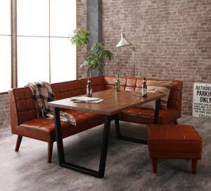 L字 ダイニングテーブルセット 5人用 L型 インダストリアル レザー ダイニングセット 4点 椅子 ベンチ コーナーソファー 西海岸 低め 古材風 机 ソファx1 右肘x1 スツール1 幅1 ヴィンテージ ダイニングテーブルセット 5人用 コーナーソファー L字 L型 ベンチ 椅子