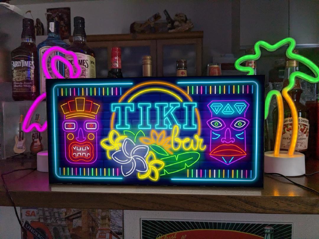 【Lサイズ】ハワイ アロハ TIKI ティキ像ビーチ 海 ハイビスカス 南国 太陽 ヤシの木 トロピカル ネオン系 プレゼント 店舗 自宅 屋台 キッチンカー パーティー イベント テーブル カウンター サイン ランプ 照明 看板 置物 ハワイアン雑貨 ライトBOX 電飾看板 電光看板