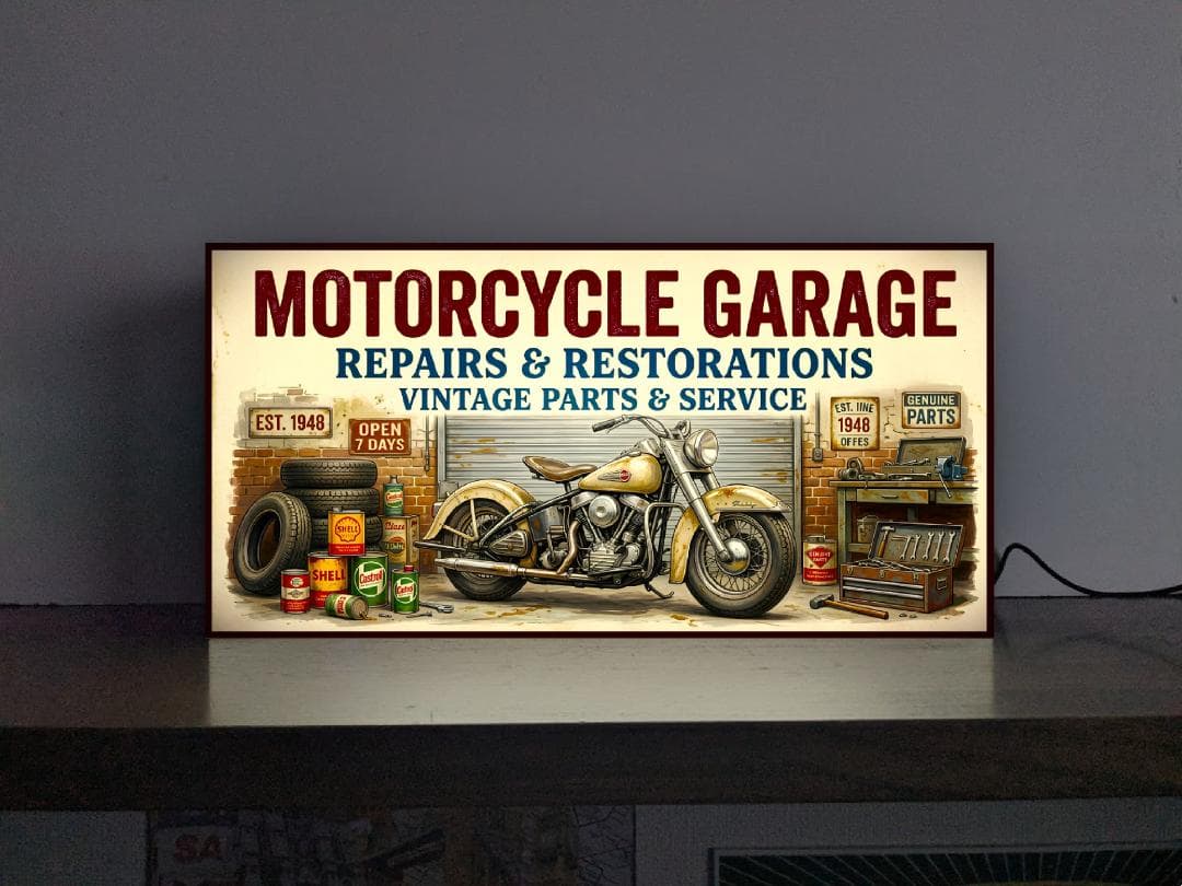 【表示フルオーダー無料 Lサイズ】モーターサイクル ガレージ バイク オートバイ リペアサービス レトロ カフェ プレゼント 店舗 自宅 屋台 キッチンカー パーティー イベント テーブル カウンター サイン ランプ 照明 看板 置物 アメリカン雑貨 ライトBOX 電飾看板 電光看板