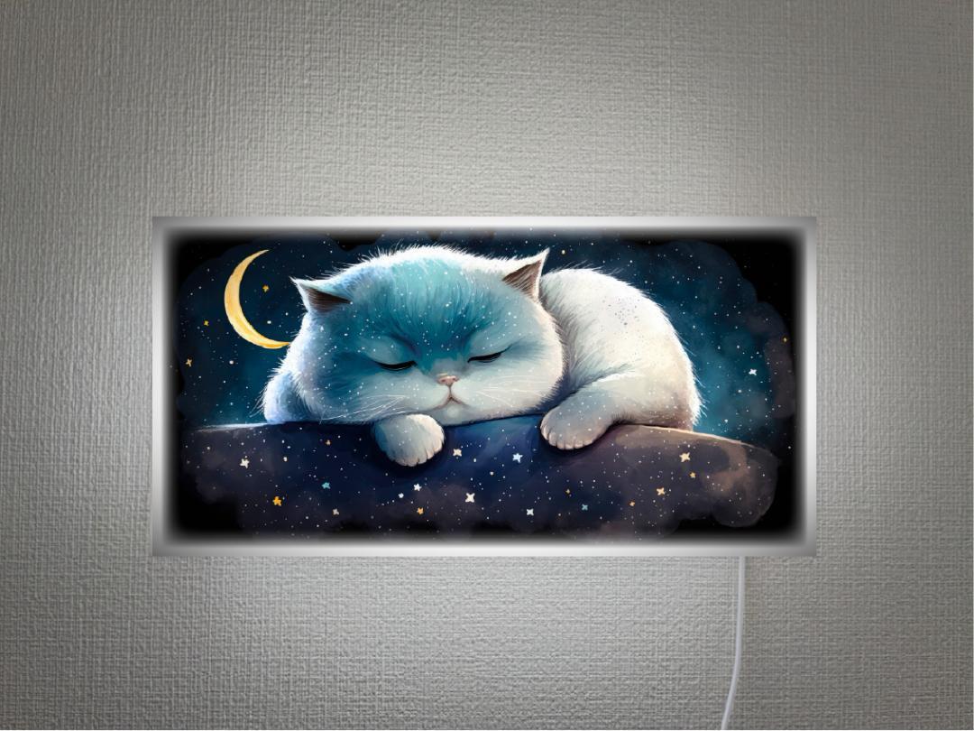 【Lサイズ 壁掛け 文字入れ無料】枕で寝ている猫 可愛い 猫 ねこ ネコ キャット CAT 安眠 夜空 星 三日月 ペットショップ プレゼント 店舗 自宅 玄関 廊下 装飾 パーティー イベント テーブル カウンター サイン ランプ 照明 看板 置物 雑貨 ライトBOX 電飾看板 電光看板