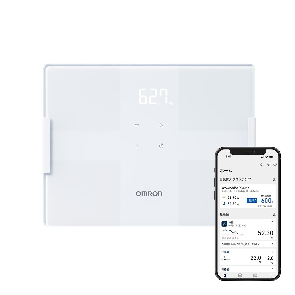 オムロン 体重 体組成計 カラダスキャン ホワイト KRD-503T-W スマホ連動 データ自動転送 自動認識 乗るだけで測定開始 内臓脂肪レベル 体脂肪率 BMI 骨格筋率